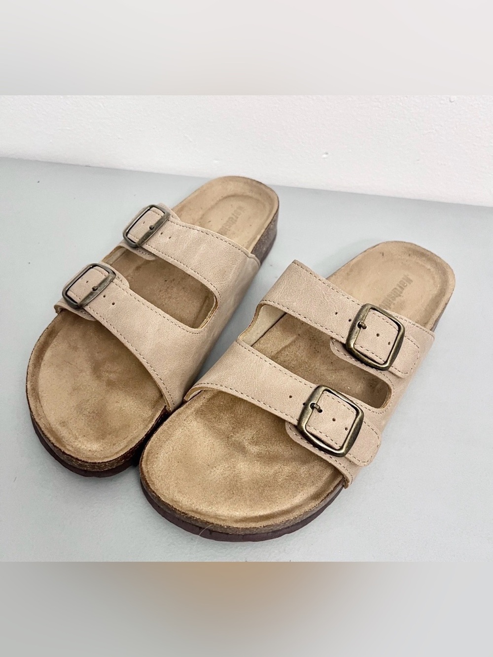 Double Buckle Slide Sandals in Beige